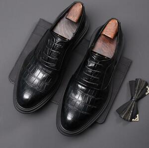 メンズ 新品 ビジネスシューズ メンズ シューズ 紐靴 PU革靴 イギリス風 フォーマル ストーン柄 紳士靴 / ブラック