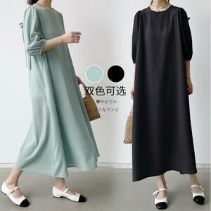 新入荷 / 春夏 ワンピース レディース ロングワンピース 五分袖マキシワンピース 無地 体型カバー ゆったり 着痩せ / ブラック