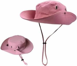 【大人気】春　日よけ　帽子　ピンク　UVカット　折りたたみ　つば広　あご紐