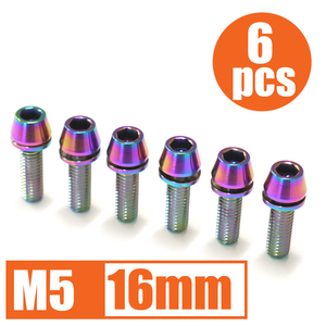 64チタン合金ボルト M5×16mm P0.8 6本セット ワッシャー付き テーパーキャップ ゆうパケット対応 焼き色有り Ti-6Al-4V