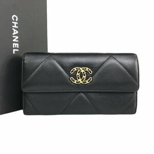 【1円～】シャネル CHANEL シャネル19 財布 長財布 ロングフラップウォレット ラムスキン 31番台 ブラック 箱付き 中古