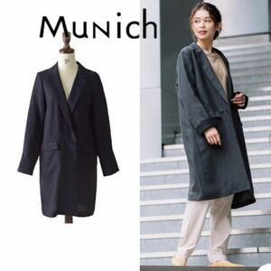 ★美品★ ミューニック Munich リネンチェスターコート 紺 ネイビー レディース ジャケット