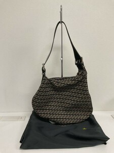 営AD733-80◆ 【美品】FENDI／フェンディ ズッキーノ キャンバス×レザー 肩掛け ブラック×ベージュ ワンショルダーバッグ