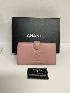 営ST164-60◆ CHANEL シャネル キャビアスキン ココマーク レザー ピンク 長財布 箱あり