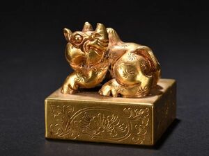 「時代物 古銅彫 塗金犀牛鈕印章」旧銅器 置物擺件 賞物 中国古美術 旧蔵出