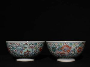 「清 雍正年製 陶磁器 斗彩獅子碗一対」染付 置物 擺件 古賞物 中国古美術 旧蔵出