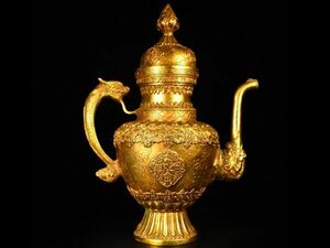 「時代物 古銅彫 塗金多寶酒壺」旧銅器 置物擺件 賞物 中国古美術 旧蔵出