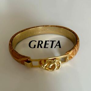 送料無料 即決 GRETA グレタ イタリア製 ブレスレット バングル ベージュ 24KT レザー型押し