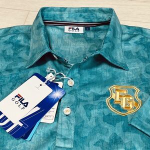 新品★フィラ ゴルフ FILA GOLF カモ柄プリント 吸汗速乾 半袖ポロシャツ★ターコイズ★サイズL★送料185円