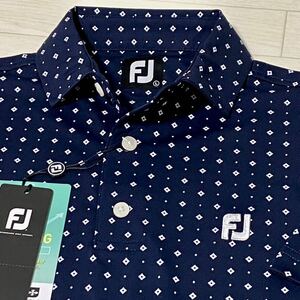 新品★FootJoy フットジョイ ダイヤ×ドット柄 吸汗速乾 4WAYストレッチ 半袖ポロシャツ★ネイビー★サイズL★送料185円