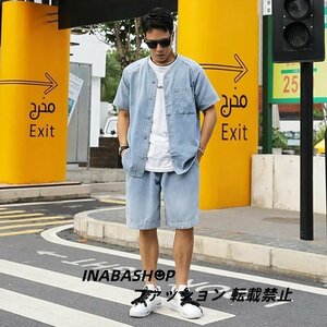 デニム 半袖シャツ 2点セット メンズ デニムTシャツ ショートパンツ ハーフパンツ セットアップ 五分袖 短パン ルーム 大きいサイズ 夏服