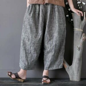 xm trousers Bottoms free size easy relax .. wide pants stripe pattern cotton flax .