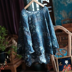 lgn 2160 tunic antique manner Western-style clothes Mix romance fashion pop comfort .. flax 100%linen navy floral print 