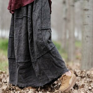 lgn 1979 縫い合わせスカート 襤褸 アンティーク風 洋服ミックス ロマンファッション ポップ ゆったり 麻100％リネン 黒灰色の画像7