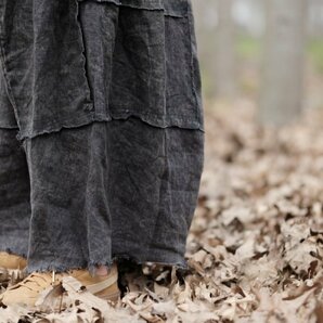 lgn 1979 縫い合わせスカート 襤褸 アンティーク風 洋服ミックス ロマンファッション ポップ ゆったり 麻100％リネン 黒灰色の画像5