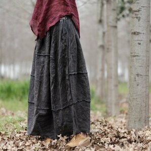 lgn 1979 縫い合わせスカート 襤褸 アンティーク風 洋服ミックス ロマンファッション ポップ ゆったり 麻100％リネン 黒灰色の画像1