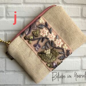 hand made インド刺繍レース付きフラットポーチj（ナチュラル）