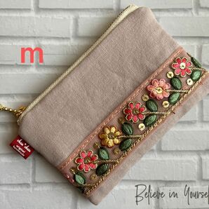 hand made インド刺繍レース付きフラットミニポーチm（アッシュローズ）