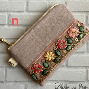 hand made インド刺繍レース付きフラットミニミニポーチn（アッシュローズ）