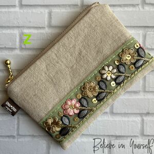 hand made インド刺繍レース付きフラットミニポーチz（ナチュラル）