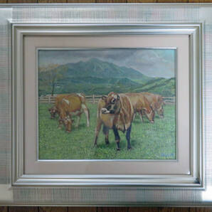 【真作】早坂貴代史作「高千穂峰を望む牧場」油彩 F3号 ガラス付額付き