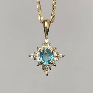 K18 YG blue tourmaline 0.24ct diamond pendant top 