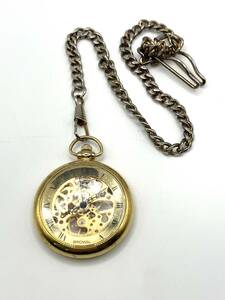 【NN】BROWN ブラウン 手巻き スケルトン ゴールドカラー 懐中時計 稼働 中古 ジャンク 