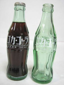 ビンテージ 未開栓/空瓶 2本 コカ・コーラ グリーンボトル カタカナ+英語 プリント表記 1980年代 190ml 20cm