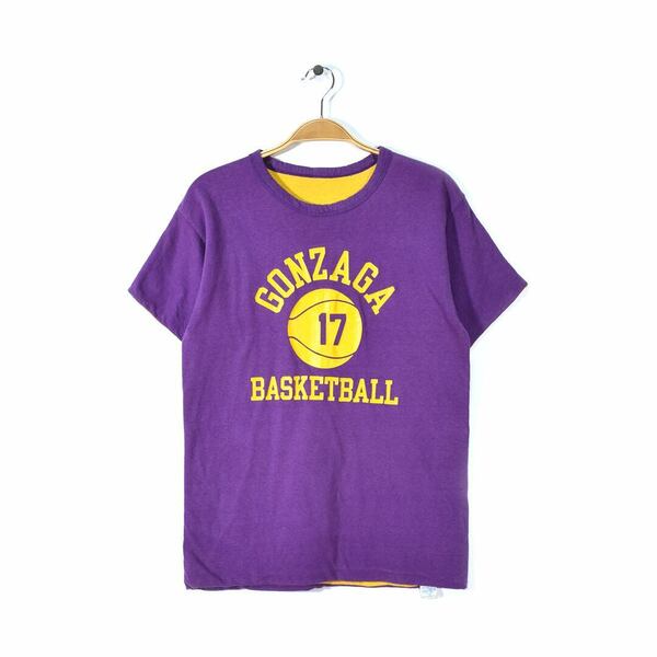 【送料無料】70s チャンピオン GONZAGA BASKETBALL バータグ 3段プリント ヴィンテージTシャツ リバーシブル 紫 黄 CHAMPION M @BD0025