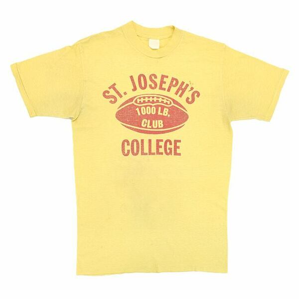 【送料無料】70s ST.JOSEPH'S COLLEGE 3段プリント カレッジ 黄 アーチロゴ ヴィンテージTシャツ サイズL相当 古着 @BZ0198