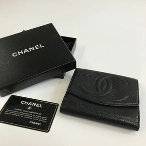 CHANEL Wホック財布　シャネル ココマーク 黒 レザー 箱　ギャランティーカード有