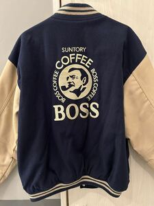 原2 SUNTORY BOSS COFFEE サントリー ボス コーヒー スタジャン 袖革 ネイビー メンズM〜L相当