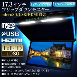 USB memory micro SD card correspondence maximum 64GB 17.3 -inch flip down monitor FullHD HDMI port installing room lamp blue illumination 