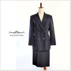 美品♪ Aquascutum アクアスキュータム＊日本製☆上質♪ウール100％ 春夏 ダブル ブレスト スカート スーツ♪ネイビー9 M レディース KJ