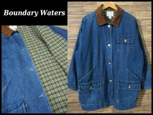 送無 古着屋購入 90s オールド ビンテージ Boundary Waters 裏地 チェック 襟コーデュロイ デニム ハンティング ジャケット カバーオール M