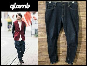 送無 4 (XL) 美品 glamb グラム 16AW Poly denim 裾リブ 切替 ストレッチ サルエル テーパード スリム ポリー デニム ジーンズ インディゴ