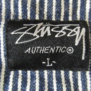 送無 希少 00s オールド Stussy ステューシー バック ロゴ チェーン刺繍 ヒッコリー ストライプ カバーオール ワーク シャツ ジャケット Lの画像8