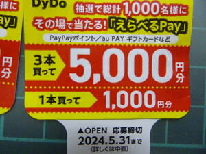 1円から　5000円当たるかも　DyDo ダイドー・選べるPay・応募券24枚　　応募締切2024/5/31迄