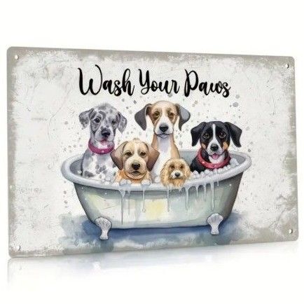メタリック パネル ★ ブリキ 看板 whash your paws 金属 ヴィンテージ風 お風呂 トリミング ポスター