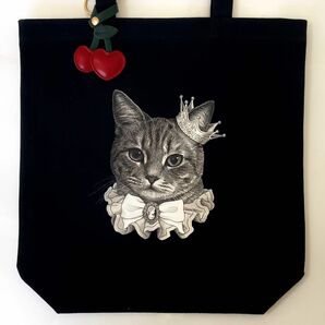 オリジナル猫 手描き トートバッグ オリジナルイラスト 鞄 チャーム バッグチャーム 黒 sizeL