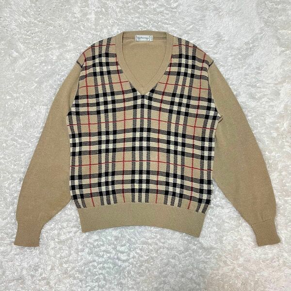 美品　BURBERRY セーター ノバチェック　M 麻　綿 Vネック 