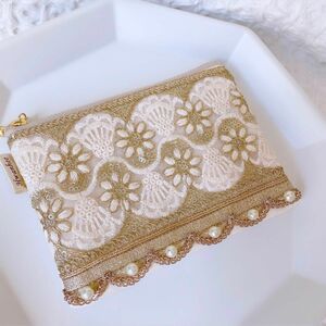 インド刺繍のファスナーポーチ ハンドメイド フラットミニポーチ ミニフラットポーチ