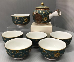 あ//J6642 【良品】 九谷焼　龍山作　青粒鉄仙茶器セット　青粒　煎茶道具　茶道具　湯呑み　急須　