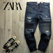 美品☆ZARA MAN ザラ☆ビンテージ加工 刺し子 リペア ストレッチ デニム W30 S666_画像1