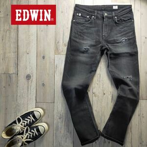 ☆EDWIN エドウィン☆USED クラッシュ加工 ストレッチ スリム ストレート デニム パンツ W32 S564