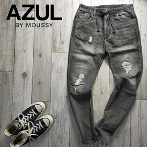 ☆AZUL アズール☆USED クラッシュ リペア加工 ブラック デニム スウェット パンツ S　S399