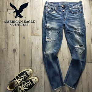 ☆AMERICAN EAGRE アメリカンイーグル☆ストレッチ USED クラッシュ加工 TOMGIRL デニム パンツ レディース US Size4 S887