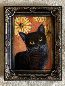 黒猫 絵 アクリル画 ネコのイラスト 真作 ゴールド系 508