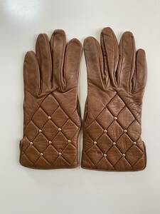 [ beautiful goods ] France made Gold studs attaching leather glove Brown leather gloves silk lining 