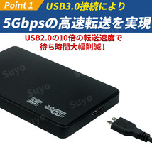 外付け HDD SSD ケース USB3.0 ハードディスク SATA 5Gbps 2.5インチ 2個 4TB ポータブル ドライブ 電源不要 高速 互換 黒 ケーブル 2TB_画像2